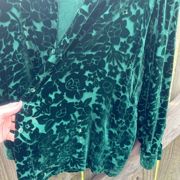 New York & Company Emerald Green Silk Blend Floral Velvet Burnout Button Down - Picture 4 of 5